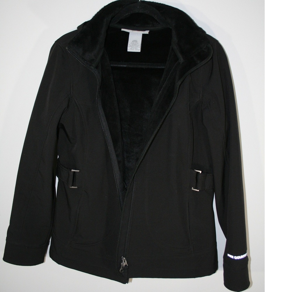 Free Country Womens Black Softshell Hooded Jacket Faux Fur Lined Size Medium